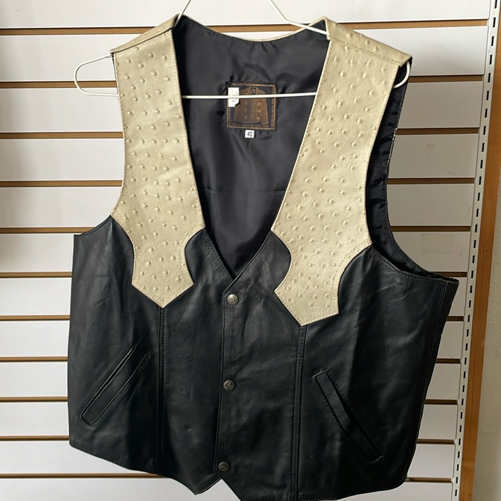 Men's Leather Ostrich Vest Western Style Black & Cream